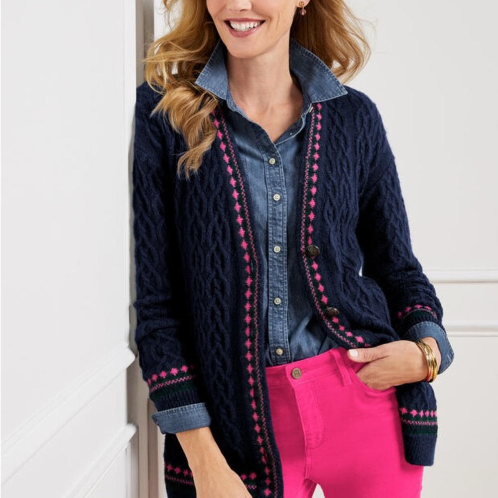 NWT Talbots Navy Cardigan with Fair Isle Trim